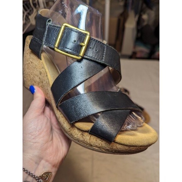 Clarks Artisan Black Leather Cork Platform Wedge Sandals Size 9m - Picture 4 of 16